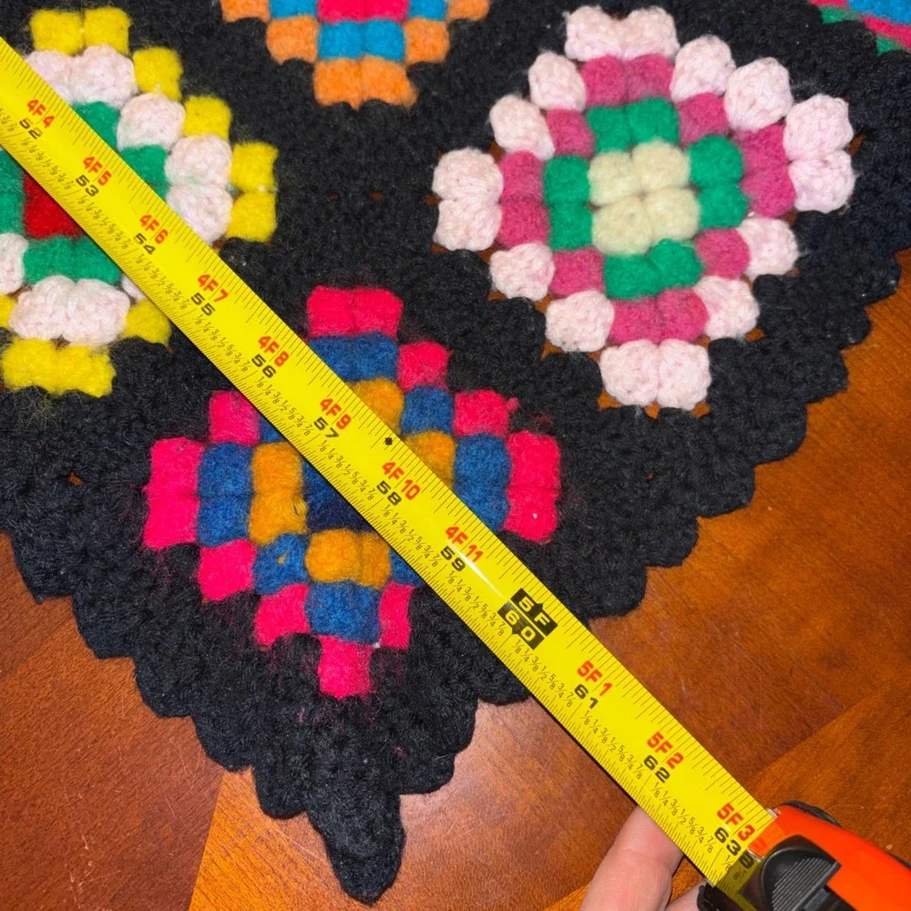 Vintage Handmade Crochet Granny Square Blanket Black Multi Bobble Stitch 60x49‎